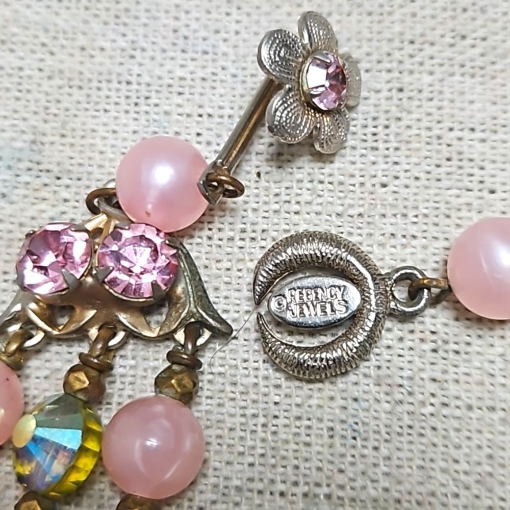Vintage 60s Regency Signed Rare Gilt Pink Art Glass Rhinestone Crystal Necklace - Picture 2 of 8